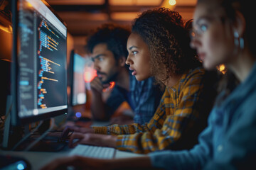 A group of developers men and women working together to program an e-commerce website.