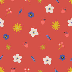 Folklore seamless pattern with colorful flowers, berries and leaves