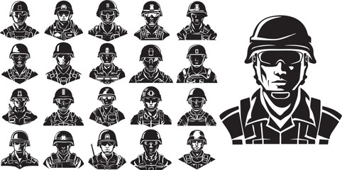 Black line soldier icons for military project isolated on white