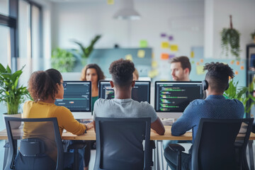 A group of developers men and women working together to program an e-commerce website.