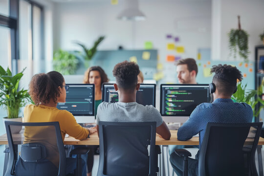 A group of developers men and women working together to program an e-commerce website.