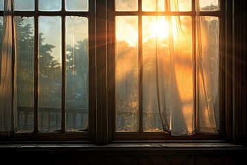 Morning light streams through an old window, casting a warm glow and creating a tranquil scene