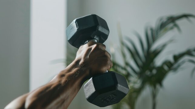 Hand holding a dumbbell in a minimalist home gym with a white wall. Close-up of hand holding dumbbell in modern home gym with white wall.