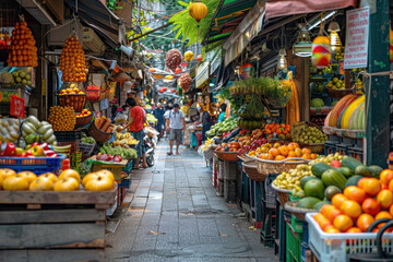 A lively street market with colorful stalls and bustling activity - Powered by Adobe
