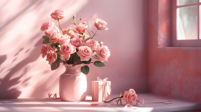 A pink rose bouquet in an elegant vase, with delicate ribbons and a gift box beside it on the table, set against a pastel background for Mother's Day.