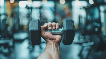 Hand gripping a dumbbell in a bright, modern gym with equipment in background. Close-up of hand holding dumbbell with gym equipment blurred in background.