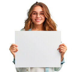 Fototapeta premium Young woman smiling and holding a blank white board, isolated on transparent background