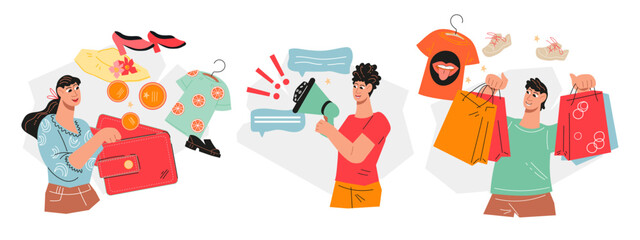 Business concepts set for customer acquisition sales and marketing theme, flat vector illustration isolated on white background. SMM and marketing strategy banners.