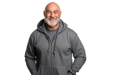 Smiling Middle-Aged Bald Caucasian Man in a Gray Hoodie