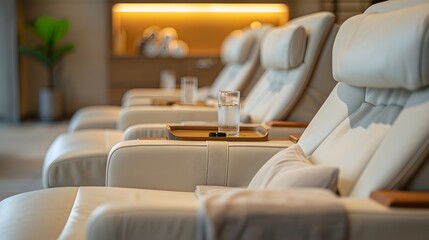 Fototapeta premium A row of comfortable chairs were in the spa, each equipped with an armrest and small tray for glasses or drinks, providing relaxation to guests during their massage session.