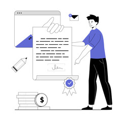 Online agreement, digital signature. Man signing electronic contract form with e-signature, making business deal online. Vector illustration with line people for web design.