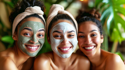 Group of three young women of different ethnicities, smiling and applying facial masks in a spa...