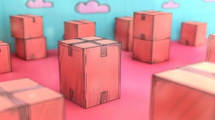 Fototapeta premium Soft pastel coral background with 3D cardboard boxes, illustrating the theme of transportation and storage in a minimalist flat design