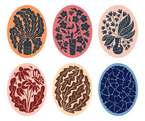 Fototapeta premium Set of Floral abstract composition in oval shapes. Flat duotone hand drawn illustrations with bouquet in vase in printmaking technique with grunge texture and scratches. Good for posters