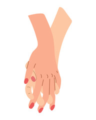 Two hands of people touching each other in relationship. Love, trust, wedding, marriage concept. Vector flat hand drawn composition isolated on white background