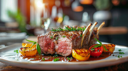 A gourmet rack of lamb served with roasted cherry tomatoes and garnished with fresh herbs, presented on a white plate in a fine dining restaurant setting.