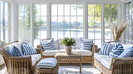 A sunroom with large windows, white walls and tan wicker furniture with blue striped pillows, overlooking the lake. The room is well lit by natural light from outside.