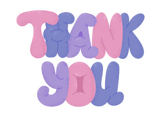 Thankful greeting banner for any holiday with puffy hand drawn flat slogan Thank you. Vector horizontal typographic illustration in candy pastel colors with dotted texture isolated on white background