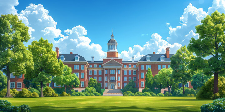 Grand college building with a clock tower surrounded by lush green trees and a manicured lawn on a sunny day