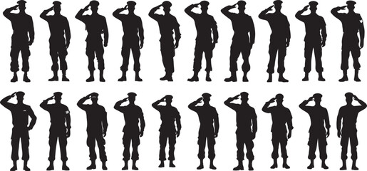 collection Illustration of an American soldier military serviceman personnel silhouette saluting from front  isolated background