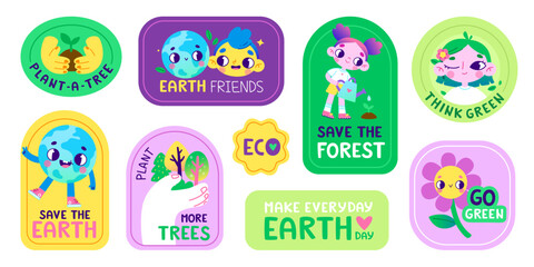 Ecological sticker set about planting trees. Cartoon vector environmental sticker collection for kids.