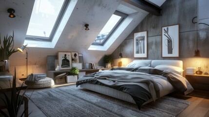 Modern Scandinavian Loft Bedroom: Large Skylights, Plush Gray Rug, Simple & Elegant Furniture
