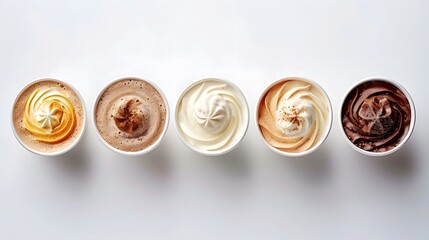 Coffee cups with different types of cream swirls on a white background, each cup containing cappuccino, latte or espresso macchiato, showcasing the variety and quality.