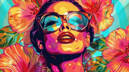 Woman with sunglasses and flowers posing in front of vibrant pop art style floral painting