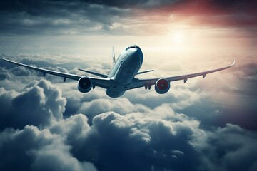 Obraz premium Commercial jet airliner flying high amidst dramatic clouds lit by the warm hues of a sunset