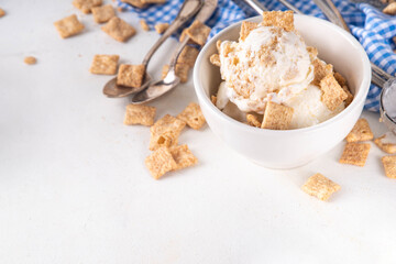 Cinnamon Toast Crunch ice cream with cinnamon sugar and caramel, small portion bowl with a lot of cinnamon toast cereal mix 