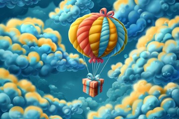Fototapeta premium Craft a 3D depiction of a playful scene with a gift box carried by a balloon that mimics the soft curves of a cloud, presented in flat minimal style on a subtle gradient background