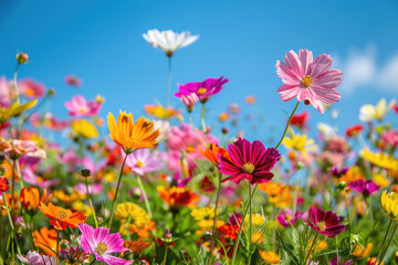 A colorful field of blooming flowers under a clear blue sky
