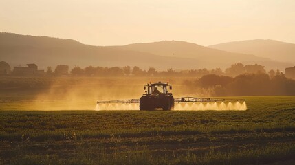 Naklejka premium Tractor spraying pesticides across a vast farm field, mist visibly dispersing, under a clear sky