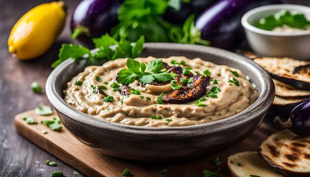 Eggplant Aubergine dip Baba Ghanoush. Traditional vegan arabic eggolant appetizer mutabbal . Baba ganoush dip made with grilled aubergine or eggplant, lemon juice, olive oil and tahini. Vegetarian

