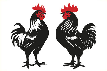 Vector illustration set of black silhouettes of hens. Silhouettes of roosters. Cock illustration. Black silhouettes of roosters and hens on a white background. 