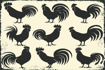Vector illustration set of black silhouettes of hens. Silhouettes of roosters. Cock illustration. Black silhouettes of roosters and hens on a white background. 