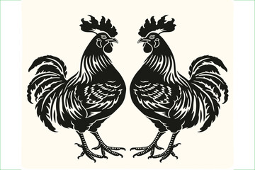 Vector illustration set of black silhouettes of hens. Silhouettes of roosters. Cock illustration. Black silhouettes of roosters and hens on a white background. 