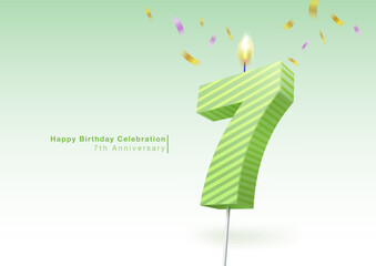 Celebrate the 7th anniversary. Light a pastel number 7 candle. Multi-colored ribbons are scattered in the background. Use for birthdays, weddings, company anniversaries. Vector illustration file.