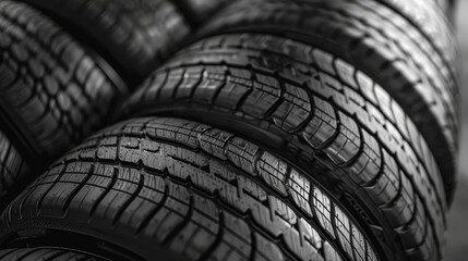 Pile of four brand new black wheel tires for a car, emphasizing the pristine rubber and intricate tread patterns
