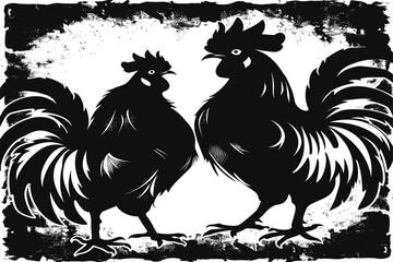 Vector illustration set of black silhouettes of hens. Silhouettes of roosters. Cock illustration. Black silhouettes of roosters and hens on a white background. 