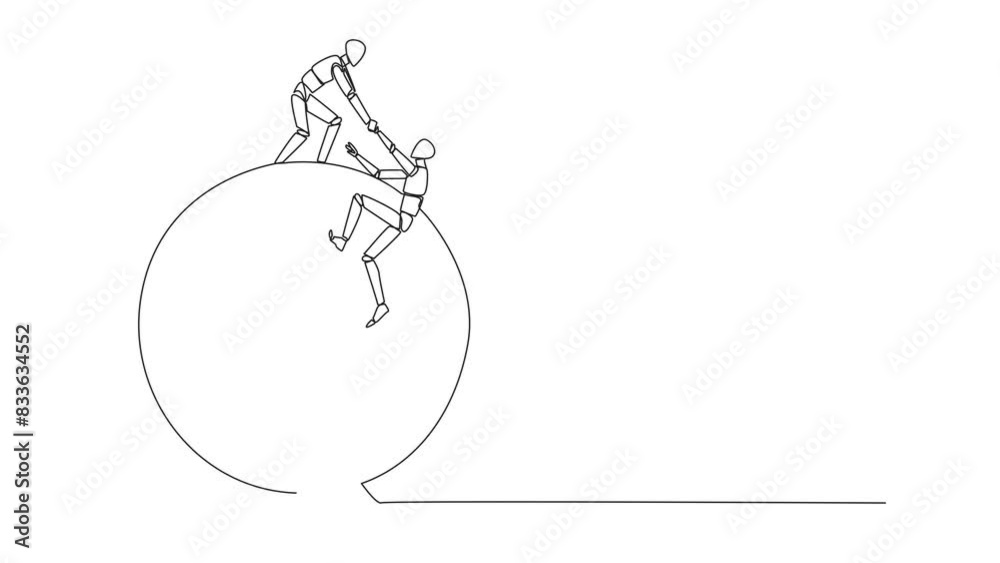 Poster self drawing animation of continuous line drawing smart robotic helps colleague climb the big arrow 