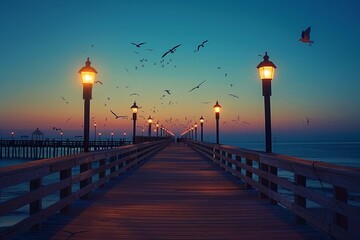 Twilight Serenity: Seagulls Flying Over a Misty Pier Illuminated by Lamplight