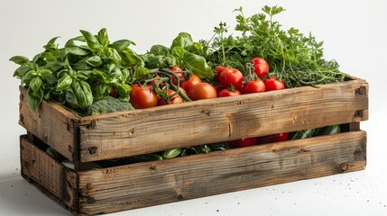 Macro close up of an old brown wooden box containing fresh vegetables and herbs, with braces, space for text, ideal for product advertisements, isolated background, studio lighting