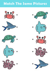 Picture Matching Worksheet for Preschool. Educational activity with cute fish illustration. Educational fun game for children.