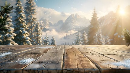 A wooden table top with a beautiful winter landscape in the background. Snowcovered mountains, evergreen trees, create an enchanting scene for product display or montage.