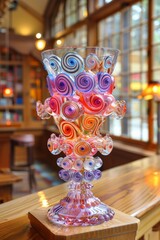 A glass vase with colorful swirls on top of a wooden table, AI