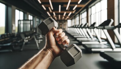 Hand gripping a dumbbell in a bright, modern gym with equipment in background. Close-up of hand holding dumbbell with gym equipment blurred in background.