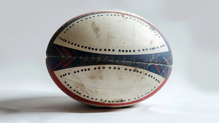 This is a photo of a vintage leather rugby ball. It has white, red, and blue stripes.