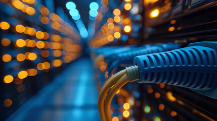 Internet LAN cable In a modern server room For storing and transmitting information through a secure internet technology network.