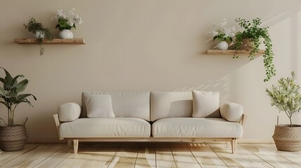 Beige living room interior with wooden shelf, sofa and decorative flowers on beige wall background. Simple home design concept for minimalist modern house interiour.